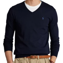 Best Sale 👍 Polo Ralph Lauren Slim Fit Cotton V-Neck Sweater In Navy ⌛